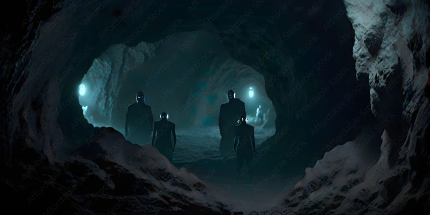Five men in black cloaks and masks in a cave