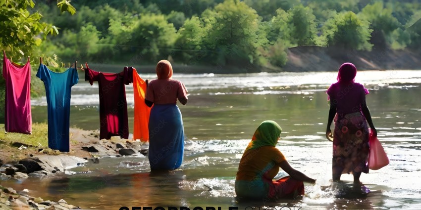 Two women washing clothes in a river