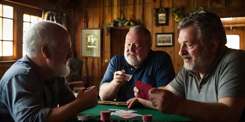 Three men playing poker in a wood paneled room