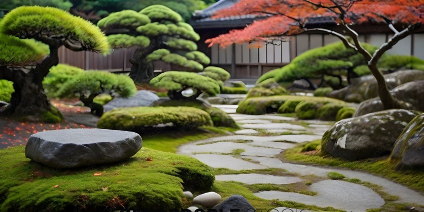 A rock garden with moss and trees