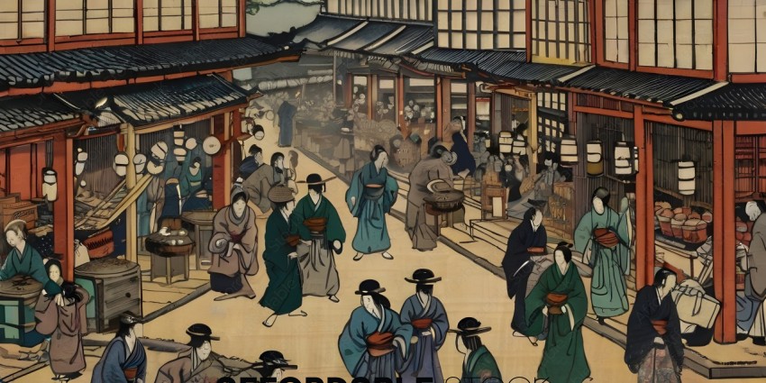 A painting of a busy marketplace with people in traditional Asian clothing