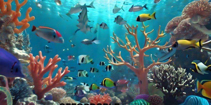 A colorful underwater scene with a tree and many fish