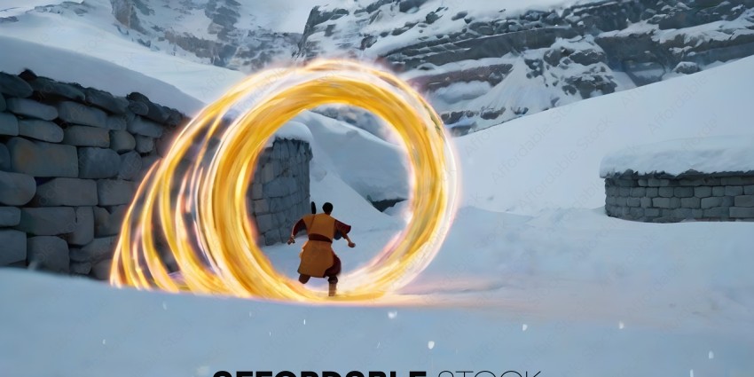 A person in a yellow outfit is running through a ring of fire