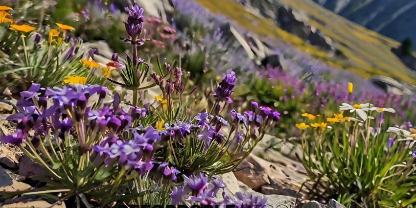 Purple Flowers on Rocky Hillside
