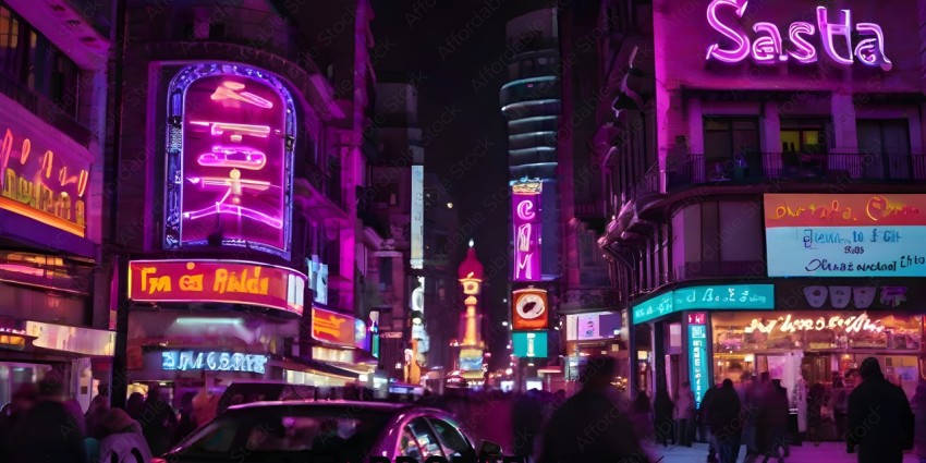 A busy city street at night with neon lights
