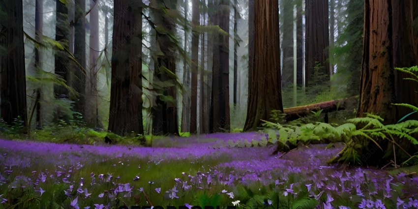A forest with purple flowers and trees
