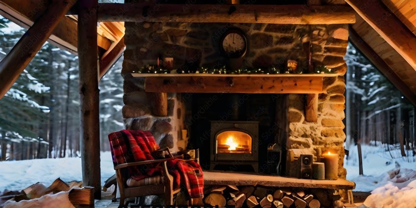 A cozy fireplace with a chair and blanket in front of it