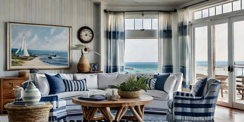 A cozy living room with a blue and white theme