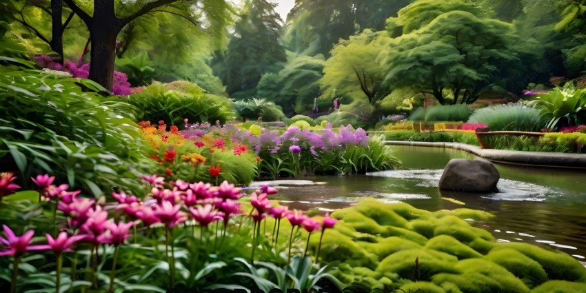 A beautiful garden with a pond and a variety of flowers