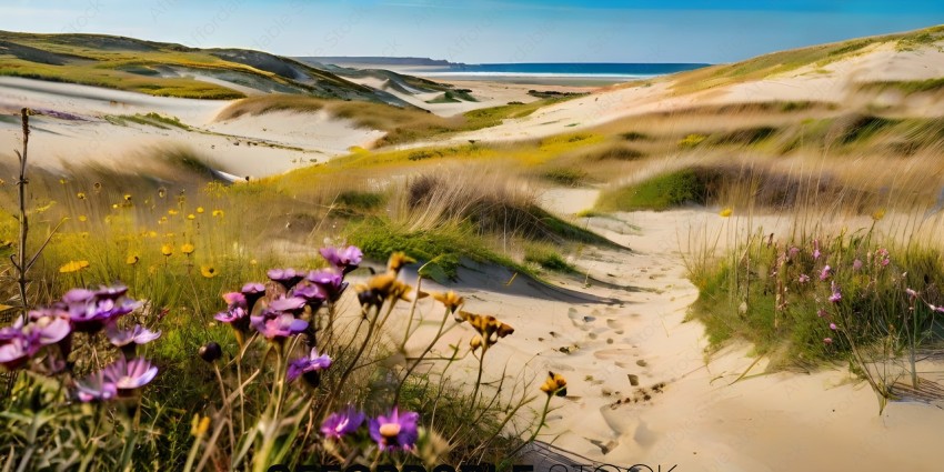A beautiful desert scene with flowers and sand dunes