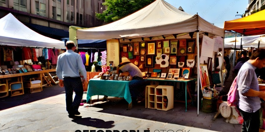 Man Selling Artwork at Outdoor Market