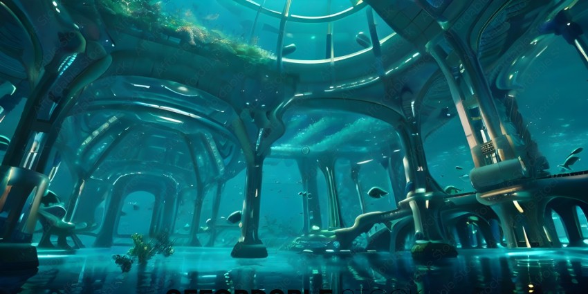 A futuristic underwater city with a large aquarium