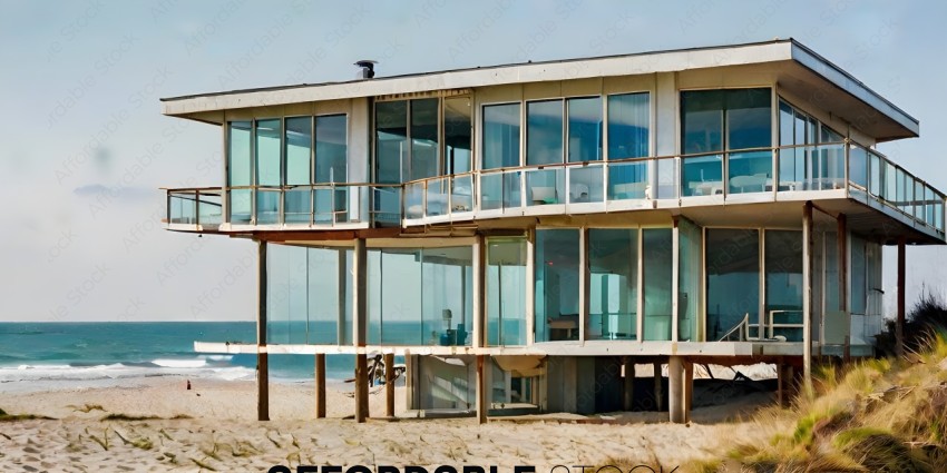 A beach house with a lot of glass and wood