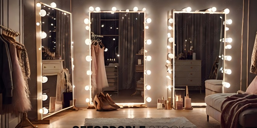 A room with a mirror and lights