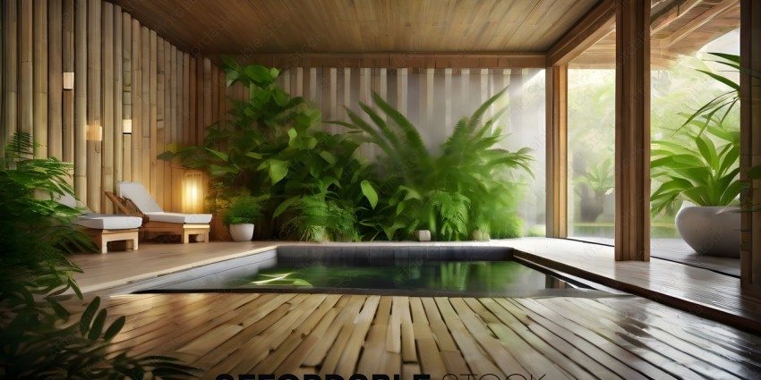 A large indoor pool with plants and a bench