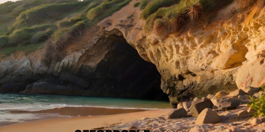 A rocky beach with a cave