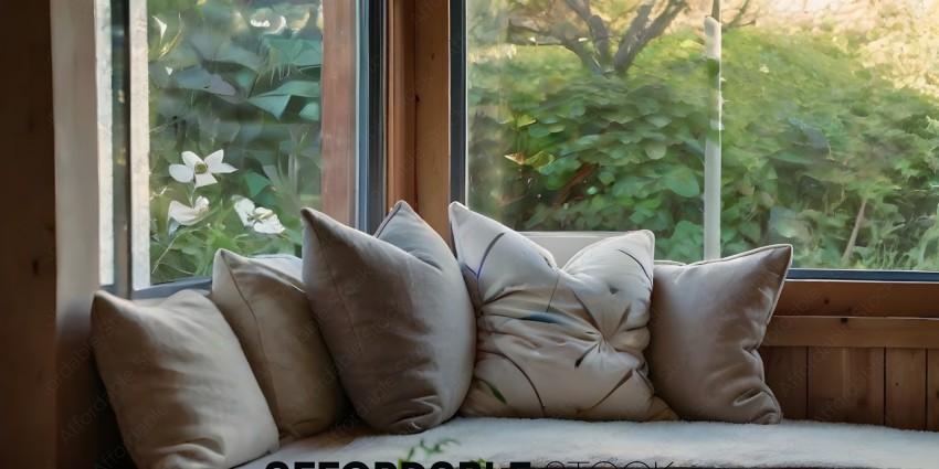 A white couch with pillows and a window