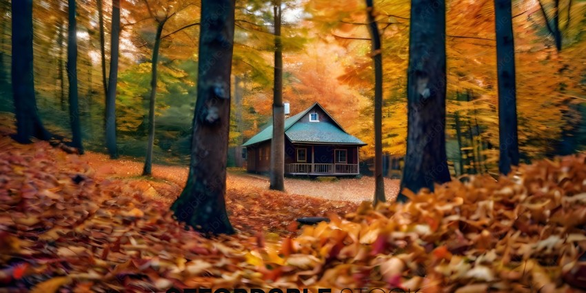 A small house in the woods with a tree in the foreground