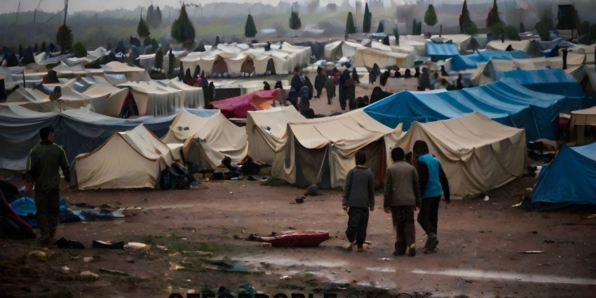 People walking through a camp of tents