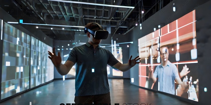 Man wearing a blue shirt and holding a VR headset