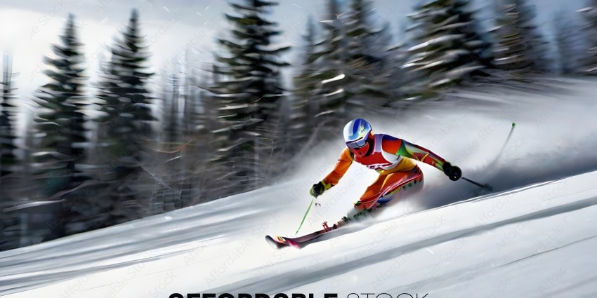 Skier in a colorful outfit going down a snowy hill