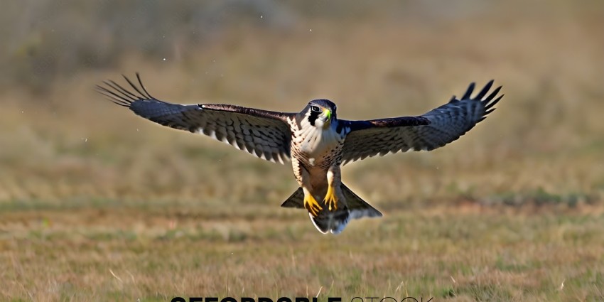 A falcon in flight with a yellow beak