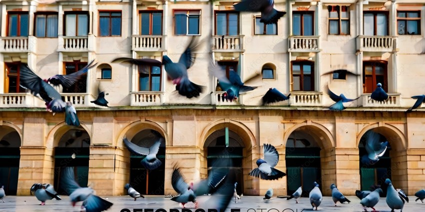 Pigeons flying in front of a building