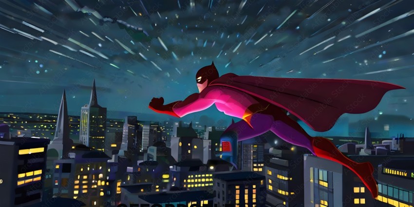 Superhero flying over a city at night