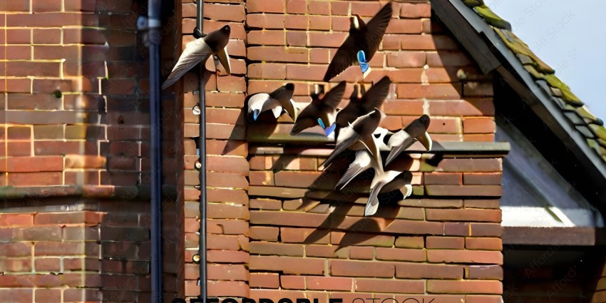 Pigeons perched on a brick wall