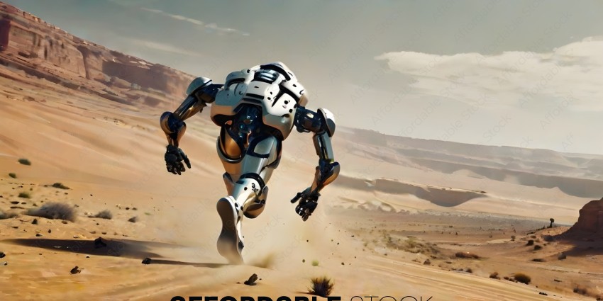 A robotic figure running through a desert landscape