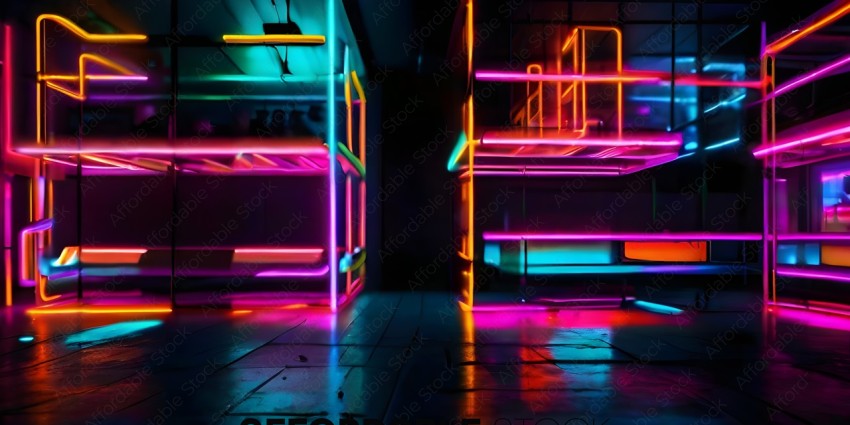 A neon lit room with a shelf and a bench