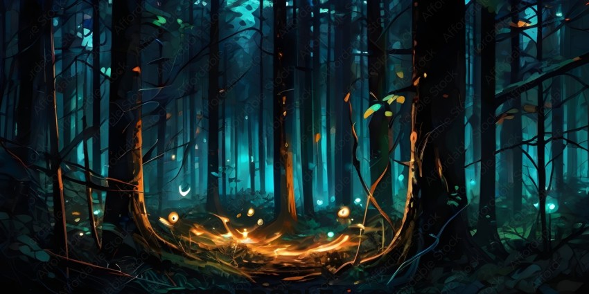 A forest with a path lit by glowing mushrooms