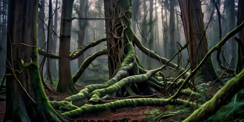 A tree with a large gnarled trunk and twisted roots