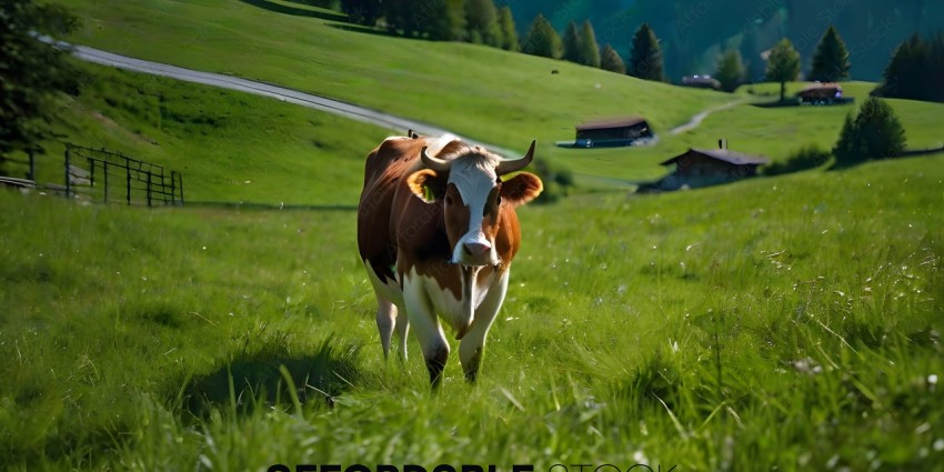 A brown and white cow walking through a grassy field