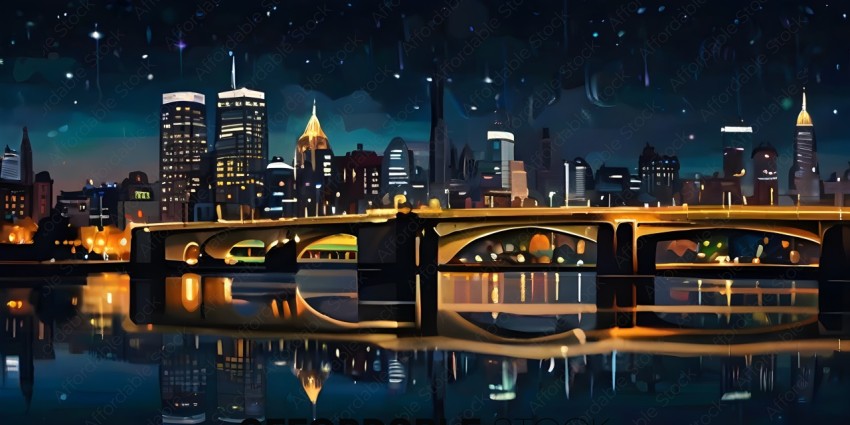 A cityscape at night with a bridge and reflective water