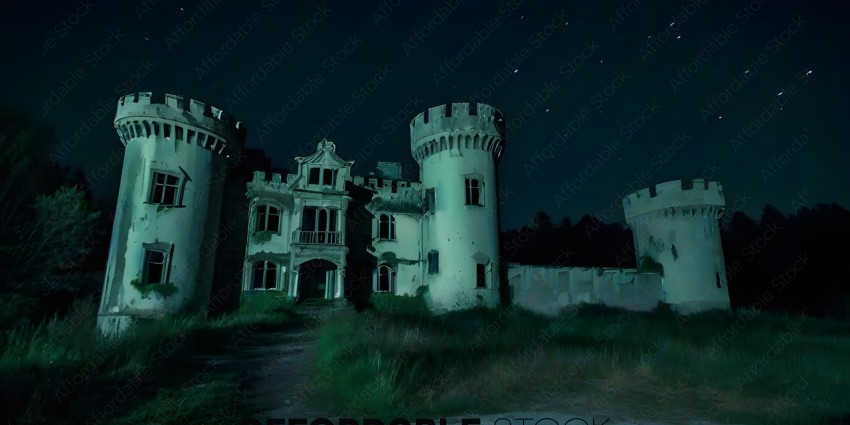 A castle at night with a starry sky