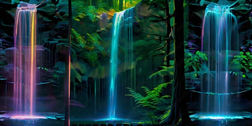 A waterfall in a forest with a blue light