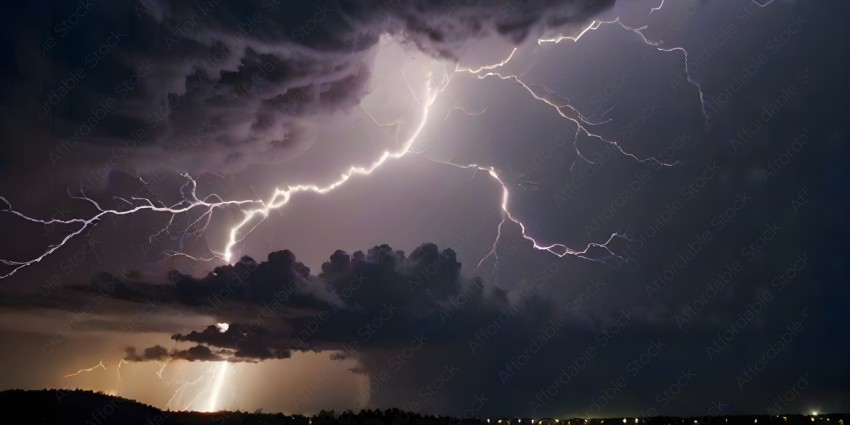 A lightning bolt strikes a cloudy sky