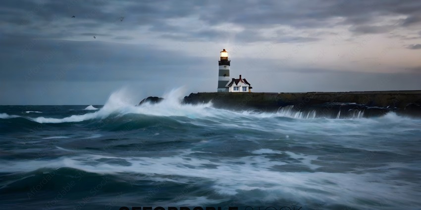 A lighthouse in the ocean with waves crashing