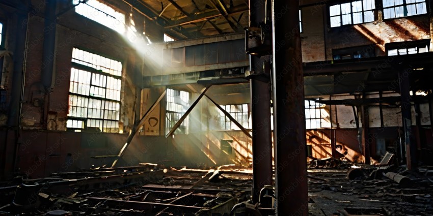 A large, abandoned building with a beam of light shining through a window