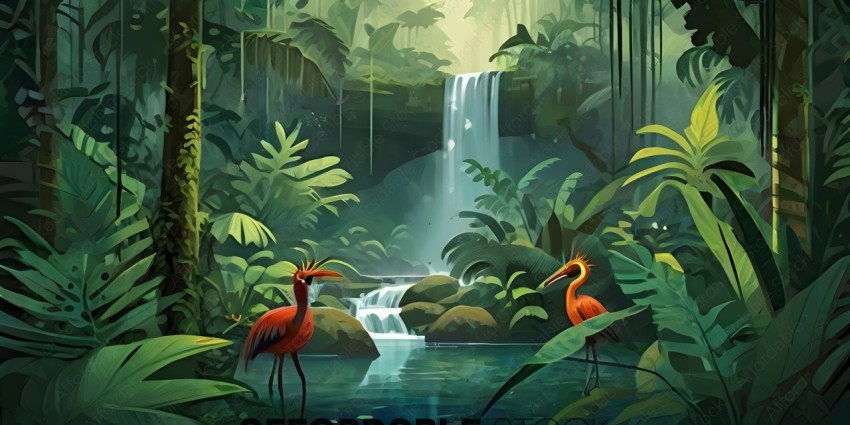 Two birds standing in front of a waterfall