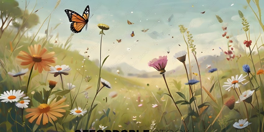 A painting of a field with butterflies and flowers