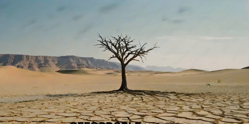 A tree in the desert with a mountain in the background