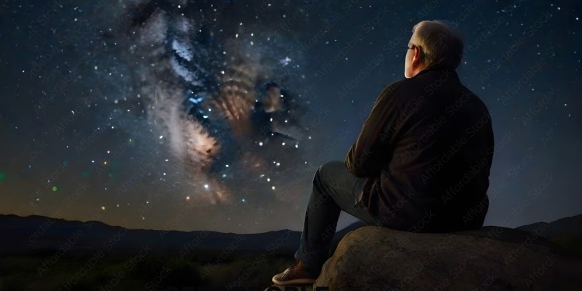 A man sitting on a rock looking at the stars