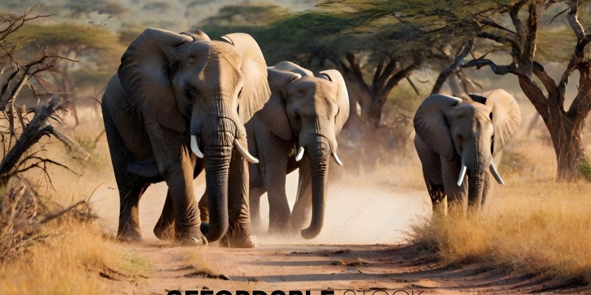 Elephants walking in a line through a dusty area