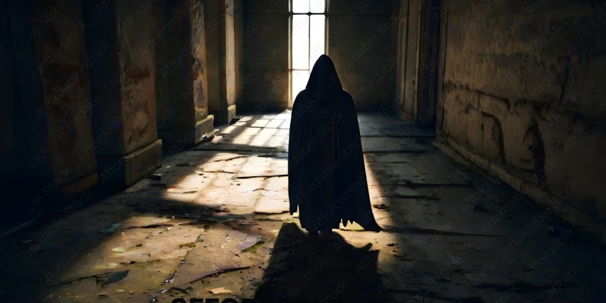 A person in a dark cloak stands in a dimly lit room