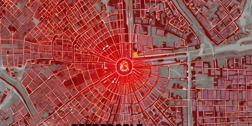 A red map of a city with a red circle in the middle
