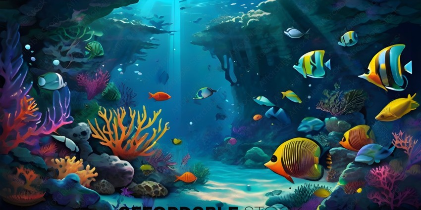 A colorful underwater scene with fish and coral