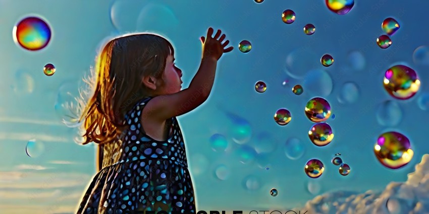 A little girl reaching up to catch bubbles
