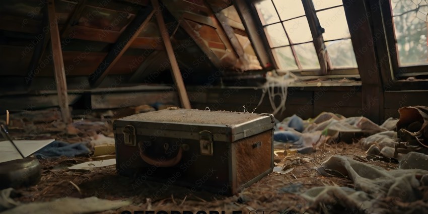 An old, dirty suitcase sits in a dirty, abandoned room